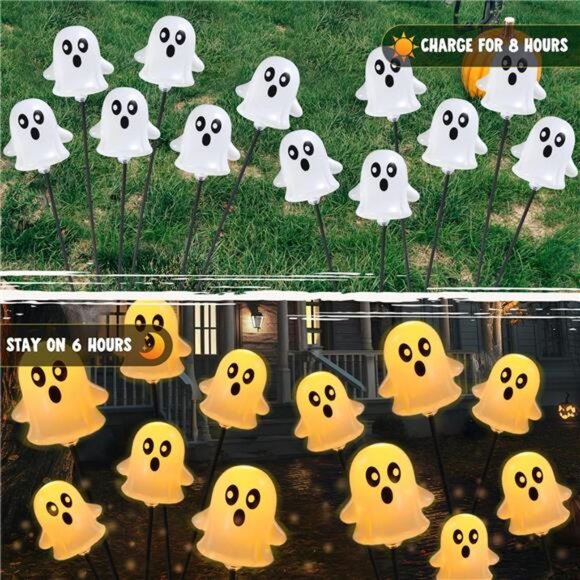 Halloween Decorations Outdoor Solar Cute Ghost Lights, 2 Pcs 12LEDs Solar - Picture 4 of 8